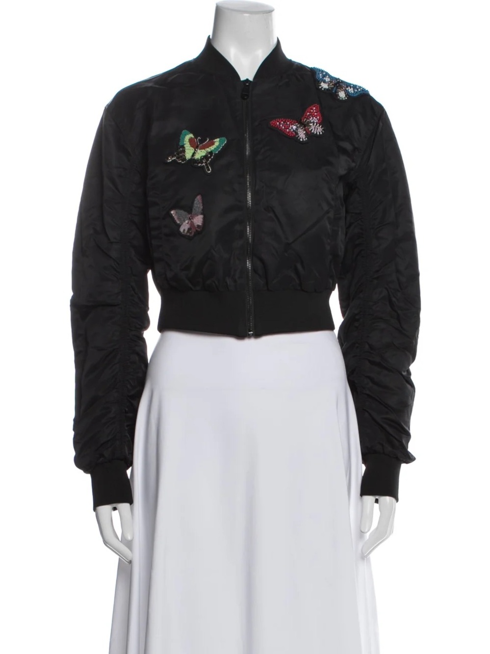 cinq a sept Black Cropped Bomber Jacket with Multicolor Butterfly Patches